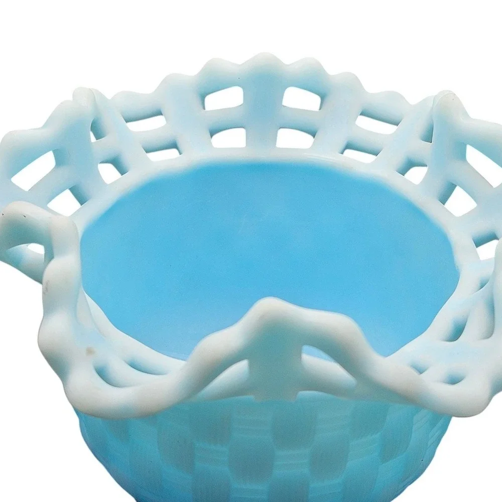 Fenton Light Blue Satin‎ Finish Glass Basketweave Bowl Open Lace Ruffled Rim